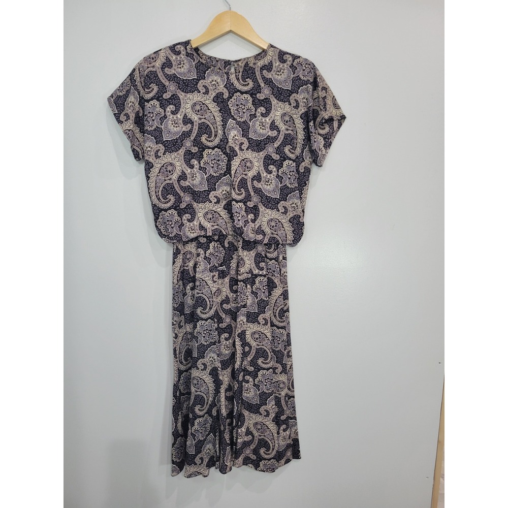 Vtg 90s Amy Deb Paisley Print Elastic Waist‎ Midi Dress Women's Short Sleeve